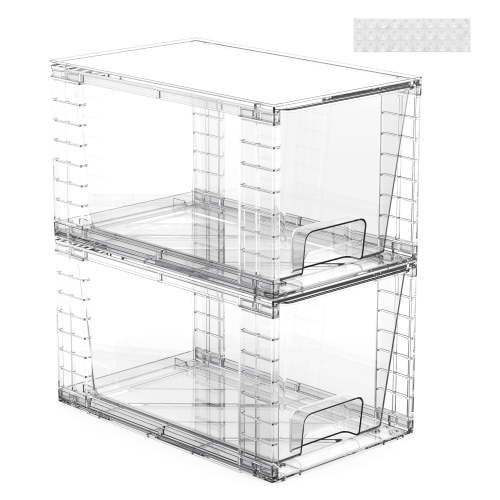 2 Pack Stackable Storage Drawers, Clear Acrylic Drawer Organizers with Handles, Easily Assemble for Bedroom, Bathroom, Kitchen Undersink, Cabinet, Pantry, Clothes Organization and Storage