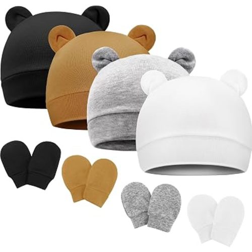 BQUBO Newborn Baby Bear Ears Hats and Mittens Sets Preemie Cotton Caps Baby Boy Girl Infant Hospital Beanie