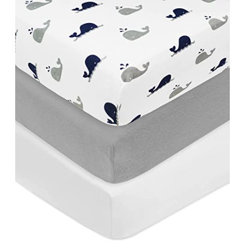American Baby Company 3 Pack 100% Natural Cotton Fitted Crib Sheets 52" x 28" - Soft, Breathable, Hypoallergenic & Gentle Toddler Bed Sheets, Navy Whale/Gray/White, Neutral for Boys & Girls