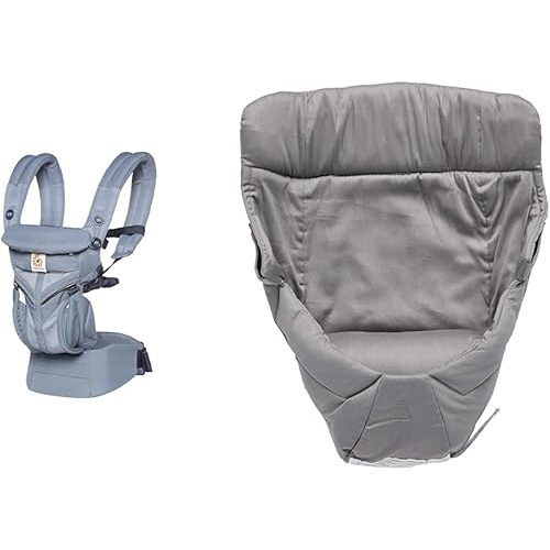 Ergobaby Omni 360 All-Position Baby Carrier for Newborn to Toddler with Lumbar Support & Cool Air Mesh (7-45 Lb), Oxford Blue & Easy Snug Infant Insert, Grey, Premium Cotton