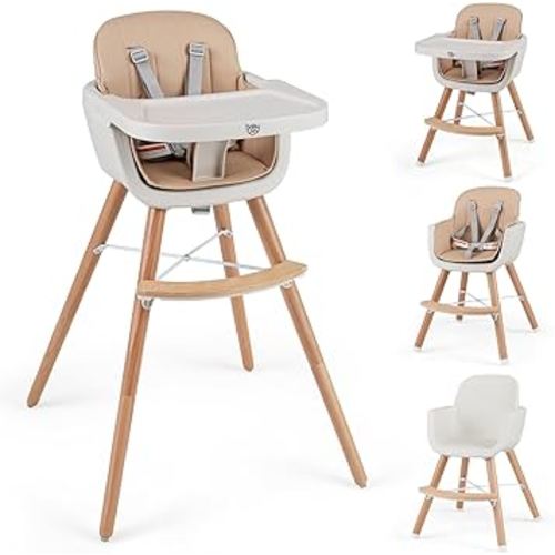 BABY JOY Baby High Chair, 3-in-1 Convertible Wooden Highchair for Babies & Toddlers, Infant Feeding Chair w/ 5-Point Safety Harness, Footrest, Adjustable Legs, Removable Tray & PU Cushion (Brown)