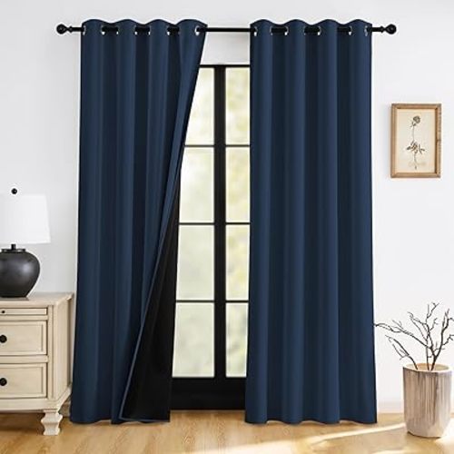 RYB HOME 100% Blackout Navy Blue Curtains for Living Room, Grommet Heat & UV Blocking Total Room Darkening Noise Reducing Curtains for Sunroom Nursery, 52 inches Wide by 90 inches Long