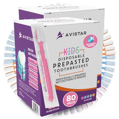 Kids 80 Prepasted Disposable Toothbrushes Individually Wrapped - Single Use Pre Pasted Disposable Toothbrushes with Toothpaste Built in - Waterless Toothbrush for Travel, Guests, Hotel, & Camping