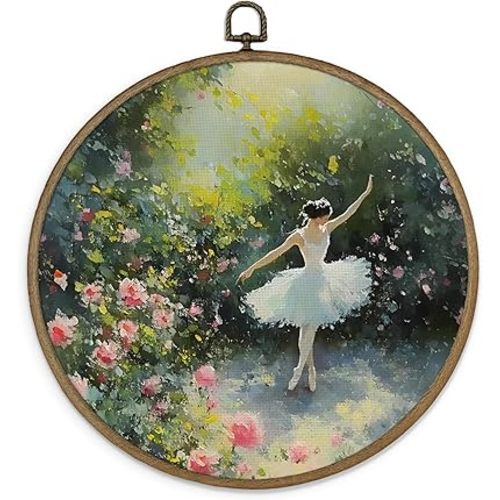 Gnmduw Vintage Ballerina Dancing Garden Wall Art Framed, Coquette Ballet Dance Round Hanging Wall Decor, Ballet Aesthetic Canvas Prints Art for Bedroom Living Girls Dance Room, 10x10 In