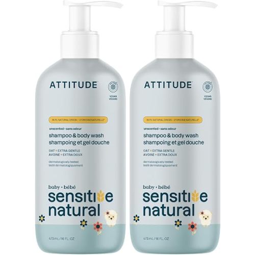 ATTITUDE Baby 2-in-1 Shampoo and Body Wash, Made in Canada, EWG Verified, Plant- and Mineral-Based Ingredients, Vegan Products for Sensitive Skin, Unscented, 473 mL