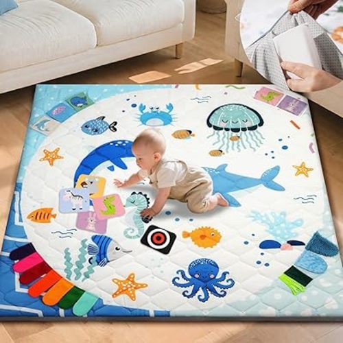 TINYHARBO Premium Foam Baby Play Mat 59x59, 4 Developmental Zones Play Mat with Removable & Machine Washable Cover, Extra Thick Padding Playpen Mat, Easy to Clean for Infants, Toddlers & Babies