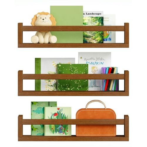 Walnut Brown Nursery Book Shelves Wall Mounted, Wooden Floating Bookshelf for Kids Room Bedroom, Dark Wood Nursery Bookshelves for Kitchen Classroom Playroom (Solid Pine, 3-Pack)