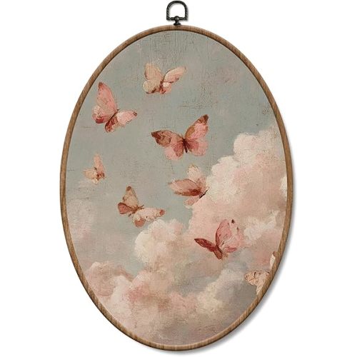 Yorhifa Whimsical Cloud Butterfly Framed Wall Art, Rustic Soft Pink Pastel Cloud Oval Wall Art, Cottagecore Sky Oval Walls Decor, Girl Nursery Room Canvas Artwork Hanging Decor, 8.5x11.5in