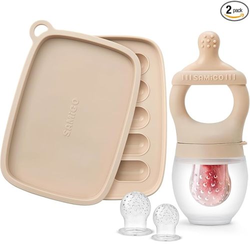 SAMiGO Baby Food Fruit Feeder and Breastmilk Popsicle Mold Set, Silicone Fruit Teether, Food Feeder Pacifier for Teething Relief, Freezer Tray, Baby Feeding Essentials, 4 Months+