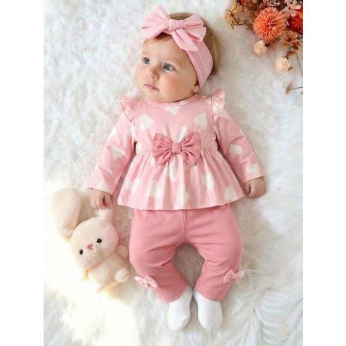 SHEIN Newborn 2-Piece Set, Spring/Autumn, Pink Gentle Style, Heart All-Over Print, Bow Flutter Sleeve Pullover Top With Bow Long Pants, Slim Fit, Suitable For Outings, Casual, Sports, Gatherings And Parties | SHEIN