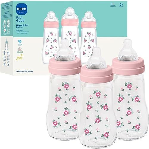 MAM Premium Glass Baby Bottles, Easy Switch Between Breast and Bottle, Feel Good Medium Flow, Newborn Essentials Must Have, 2+ Months, BPA Free, 9oz, Girl, 3 Pack