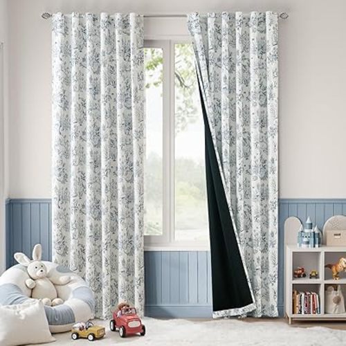 jinchan 95% Blackout Nursery Curtains 84 Inches Long, Bunny Woodland Toile Curtains Blue on Beige Animal Printed Drapes for Bedroom Rod Pocket Thermal Insulated Farmhouse Window Treatment 2 Panels