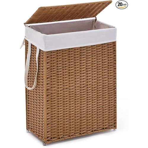 Slim Wicker Laundry Hamper with Lid, 55L Handwoven Rattan Basket with Handles, Narrow Laundry Basket with Removable Liner Bag & 2 Mesh Bags