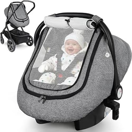 Rquite Car Seat Cover Baby, Carseat Covers Boy Girl, 2 Layers Window -Breathable Mesh & Wind/Sun Shade, Infant Car Seat Canopy Baby Carrier/Stroller Cover, Fit Spring, Fall, Winter, Cold Weather