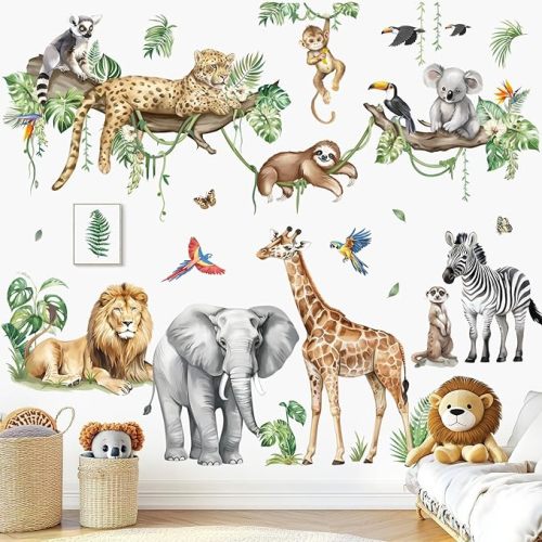 decalmile Large Jungle Animals Tree Branch Wall Stickers Safari Elephant Giraffe Leopard Tropical Leaves Wall Decals Baby Nursery Kids Room Wall Decor(XXL)