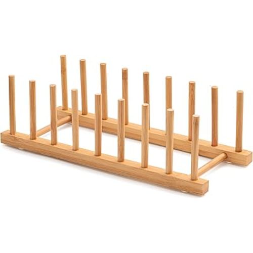 Bamboo Dish Drying Rack for Kitchen Counter and Cabinet, Dish/Book/Plate/Bowl/Cup/Cutting Board/Pot Lid Organizer for Kitchen, Living Room, Study, Display Cabinet (8 Slots)