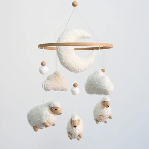 Sheep Baby Mobile for Crib, Cloud Baby Crib Mobile for Girls & Boys, Neutral Crib Toys Hanging, Lamb Baby Mobile for Bassinet, Nursery Decor - Creamy White