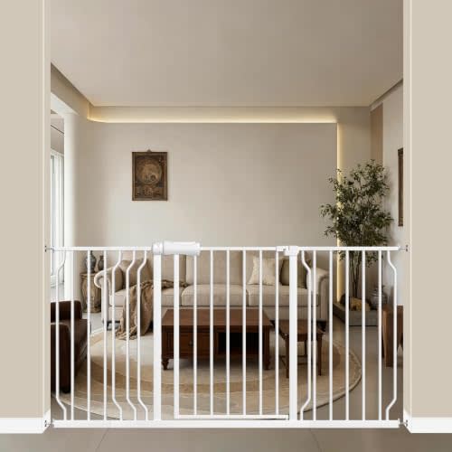 WAOWAO Baby Gate 57.48-62.17" Extra Wide Pressure Mounted Walk Through Swing Auto Close Safety White Metal Toddler Kids Child Dog Pet Puppy for Stairs,Doorways,Kitchen