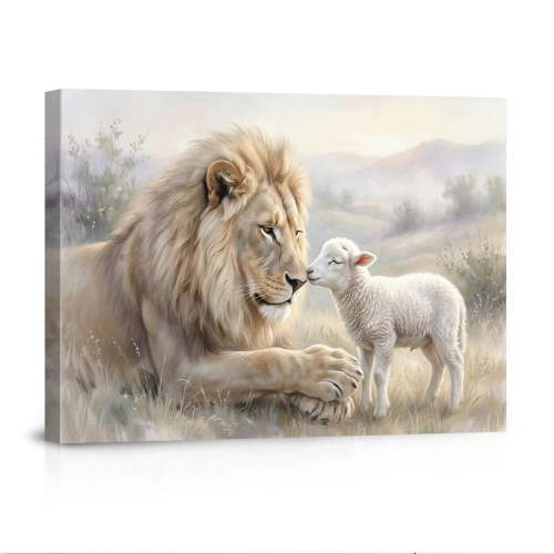 Lion And Lamb Art Serene Wildlife Peaceful Nursery Christian Animal Lover Spiritual Home Canvas