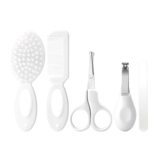 Baby Grooming Kit Newborn,Baby Health Care Kit,Baby Brush Soft Bristles 5 pcs Baby Nail Kit Nursery Care Kit Baby Hair Brush Hair Comb Nail Kit Safety Cutter Nail Clipper Set White