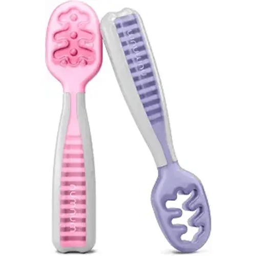 NumNum Baby Spoons Set, Baby Essentials Pre-Spoon GOOtensils for 6+ Months, First Stage Self-Feeding Spoons for Baby Led Weaning (BLW), Silicone Toddler Utensils, BPA-Free, 2 Pack Frosty Lilac/Rosebud