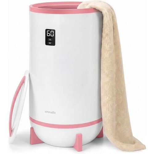 SereneLife Towel and Blanket Warmer - Single Touch Portable Towel Heater for Bathroom, Fragrant Disc Holder, LED Ring, 2 Large Towel Capacity, Built-in Timer (15-60 mins), Auto Shut-Off (Pink)