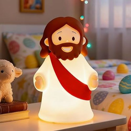 Jesus Night Light Rechargeable Bedside Night Light Dimmable Silicone LED Light Ideal for Religious Gatherings, Gifts for Sunday School, Baptism Presents, Easter Egg Decorations (red)