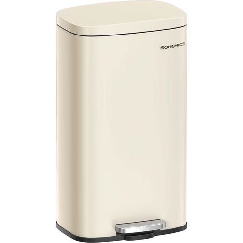 SONGMICS Trash Can with Lid, 8 Gallon Garbage Can, Stainless Steel Small Waste Bin with Step Pedal and Inner Bucket, Soft Close, Kitchen, Sand Beige ULTB003A01