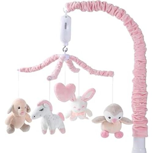 JOLLITO Crib Mobile for Girls, Soft Pink Musical Baby Crib Mobile with 12 Lullabies, Rotating Arm and Detachable Plush Animal Toys, Nursery Decor Baby Mobile for Crib Toys Bassinet