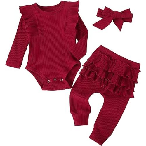 Fullfamous Baby Girl's 3pc Rib Frill Long Sleeve Romper and Pant Set
