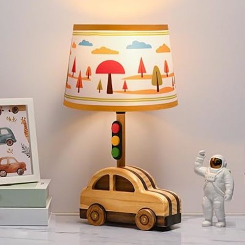 crossmoon Kids' Dimmable Table Lamp, UL/ETL Certified Child Safe Natural Wood Car Stoplight Creative Design, 15 Inch Tall Handmade Small Nursery Lamp, Gift for Toddler Boys Girls (Car)