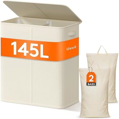 Lifewit Double Laundry Hamper with Lid and Removable Laundry Bags, Large Collapsible 2 Dividers Dirty Clothes Basket with Handles for Bedroom, Laundry Room, Closet, Bathroom, College, 145L White