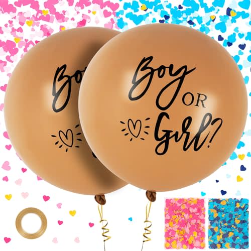 2 Pcs Brown Gender Reveal Balloon, 36 Inch Large Gender Reveal Confetti Balloons,Baby Balloon with Pink and Blue Heart Shape Confetti for Boy or Girl Baby Shower Genders Reveals Party Supplies