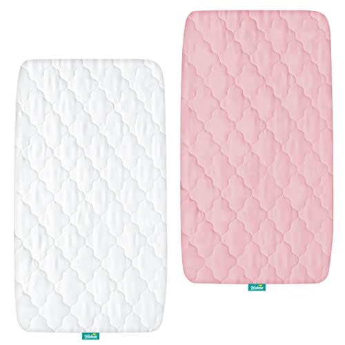 Bassinet Mattress Pad Cover, Waterproof, Fit for All Mainstream Bassinet - Rectangle,Oval,Hourglass, 2 Pack, Ultra Soft Microfiber Surface, Washer & Dryer, White and Pink