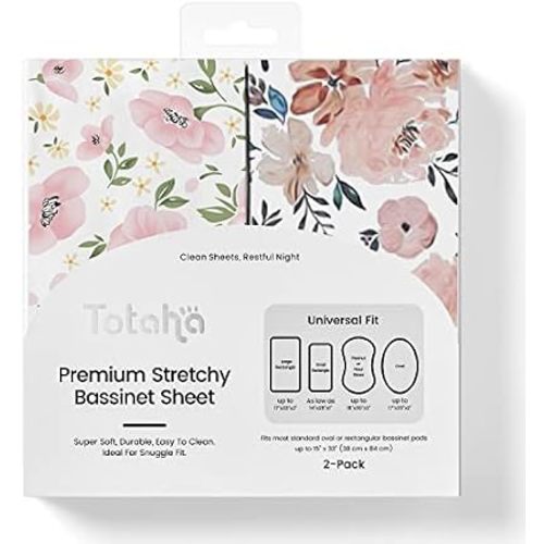 TotAha Premium Stretchy Bassinet Sheets for Baby Girl, Silky Comfort Cradle Sheets Fitted 18 x 36 for Oval, Rectangular, Hourglass Mattress, Hypoallergenic, Buttery Soft 2-Pack (Floral & Pale Pink)