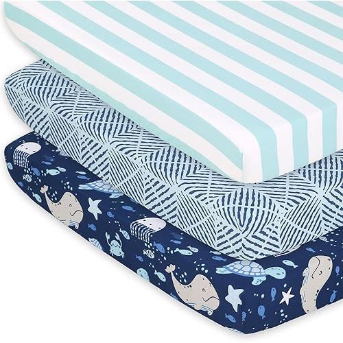 The Peanutshell 3-Pack Fitted Playard Sheets - Soft & Breathable Baby Boy or Girl Mini Crib Sheets, Pack N Play Mattress, Fits Standard Playard Pack Play Mattresses - Sealife