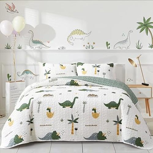 Joyreap 2-Piece Cotton Quilt Set Twin, Dinosaur Theme Green Color Design for Kids Boys n Girls, Smooth Soft Quilt Bedspread Bed Cover for All Season, 1 Quilt and 1 Pillow Sham- 68x86 inches