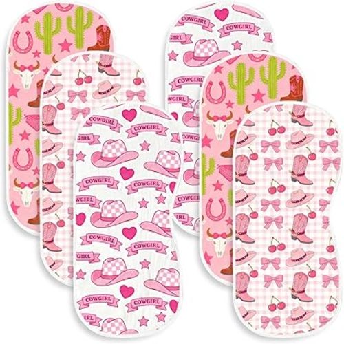 6 Pack Baby Burp Cloths, 100% Cotton Crinkle Muslin with Pink Western Cowgirl & Cherry Print, Large Soft & Absorbent Washcloths, Perfect Newborn Baby Girl Shower Gift