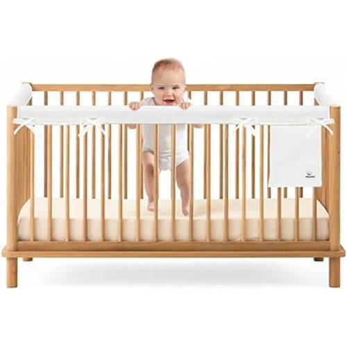 Baby Crib Rail Covers for Teething (3-Pack) – Breathable Dual-Layer Mesh Teething Guard with Storage Pocket, Soft Padded Protector for Crib Rails, Fits Standard Full-Size Cribs, Pure White