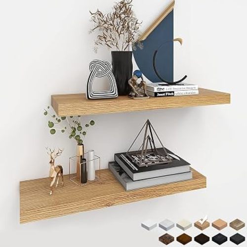 Oak Floating Shelves for Wall,24in Wall Mounted Display Ledge Shelves Perfect for Bedroom, Bathroom, Living Room and Kitchen Decoration Storage (Oak, Set of 2)