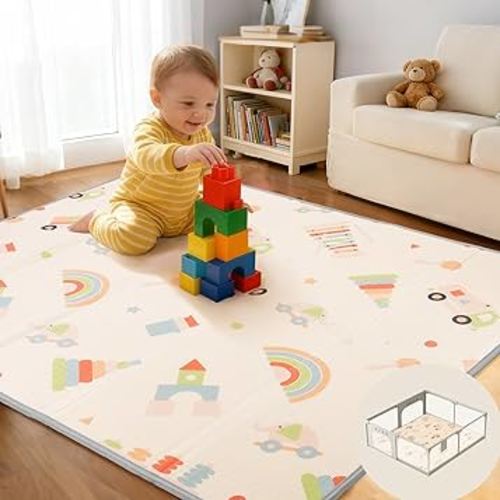 Baby Foam Play Mat 79x71 | 0.8Inch Thick Foldable Baby Foam Playmat | Waterproof Playmat for Toddler Crawling | Reversible XPE Large Floor Playroom Play Mats for Kids
