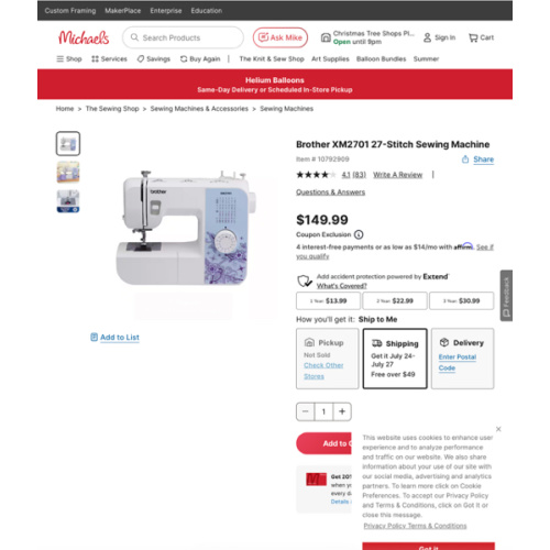 Brother XM2701 27-Stitch Sewing Machine