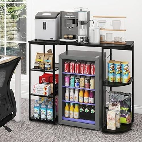 PUNCIA Mini Fridge Cabinet with Power Outlet – Coffee Bar Cabinet with Refrigerator Space and Storage Shelf Beverage Wine Cooler Stand Microwave Oven Rack for Dorm Apartment or Dorm Use