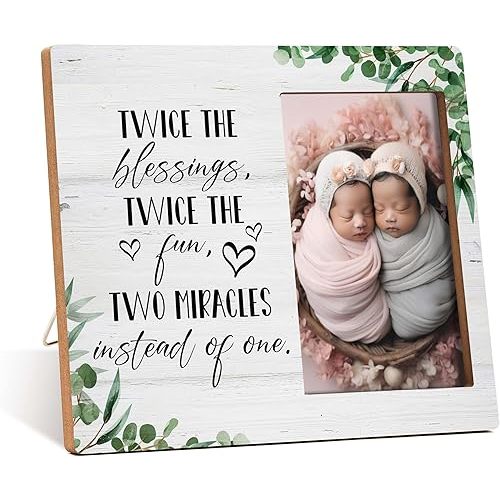 Twins Photo Frame - Twice The Blessings Twice The Fun Pregnancy Announcement Picture Frame - Baby Twin Gifts - Twin Boys Girls Gift For Babies, Twins Gifts For Mom -B04