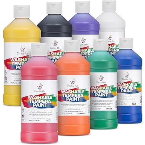 Positive Art Washable Paint for Kids – (8 Colors, 16 oz Each) Made in USA, Non-Toxic Tempera Paint Set – Bulk Classroom Paints for Students, Finger Painting, School Use – 8 Pack