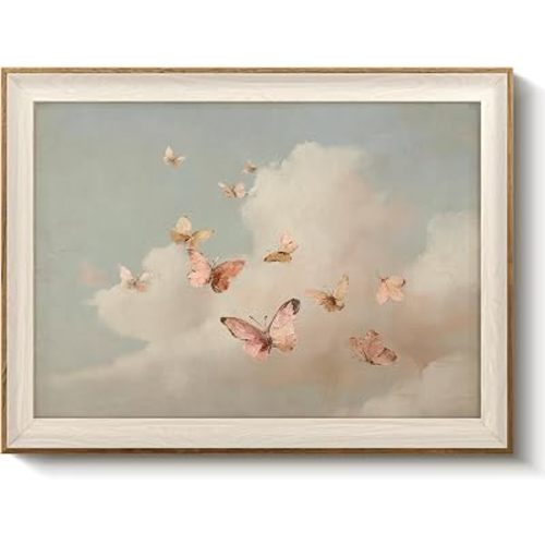 VIYYIEA Framed Butterfly Wall Art for Living Room, Dancing Pink Dreamy in Soft Clouds Canvas Painting, Pastoral Artwork Decor for Nursery, Bedrooms, 12x16 Inch