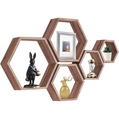 PHOENANCEE Hexagon Floating Shelves,Wall Mounted Wood Farmhouse Storage Honeycomb Wall Shelf Set of 5,for Bathroom, Kitchen, Bedroom, Living Room,Office,Home Room Wall Decor Driftwood Finish