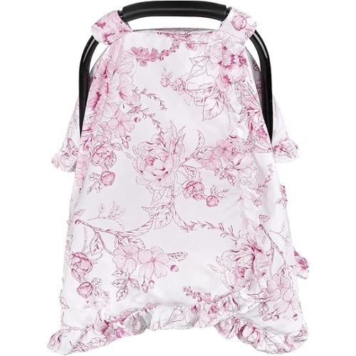 DILIMI Baby Car Seat Cover, Ruffled Car Seat Covers for Babies, Peekaboo Opening Infant Car Seat Cover, Minky Carseat Canopy, Pink Floral