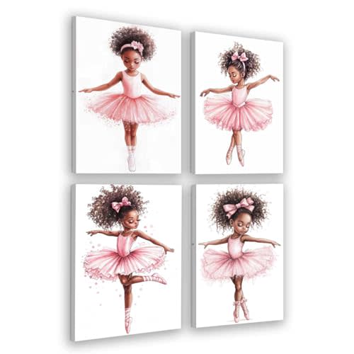 PBXBJY 4 Pcs Black Ballerina Canvas Wall Art Ballet Skirt Pictures African American Girls Poster Painting for Baby Girl Nursery Bedroom Living Room Bathroom Decor (Black, 8x12inx4 Pieces)