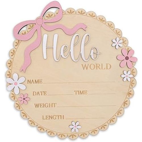 TTMerriwood Hello World Wooden Baby Birth Announcement Sign, Pink Floral Newborn Name Date Time Weight Length Board, Baby Girl Nursery Decor Photo Prop Keepsake (Light Pink)